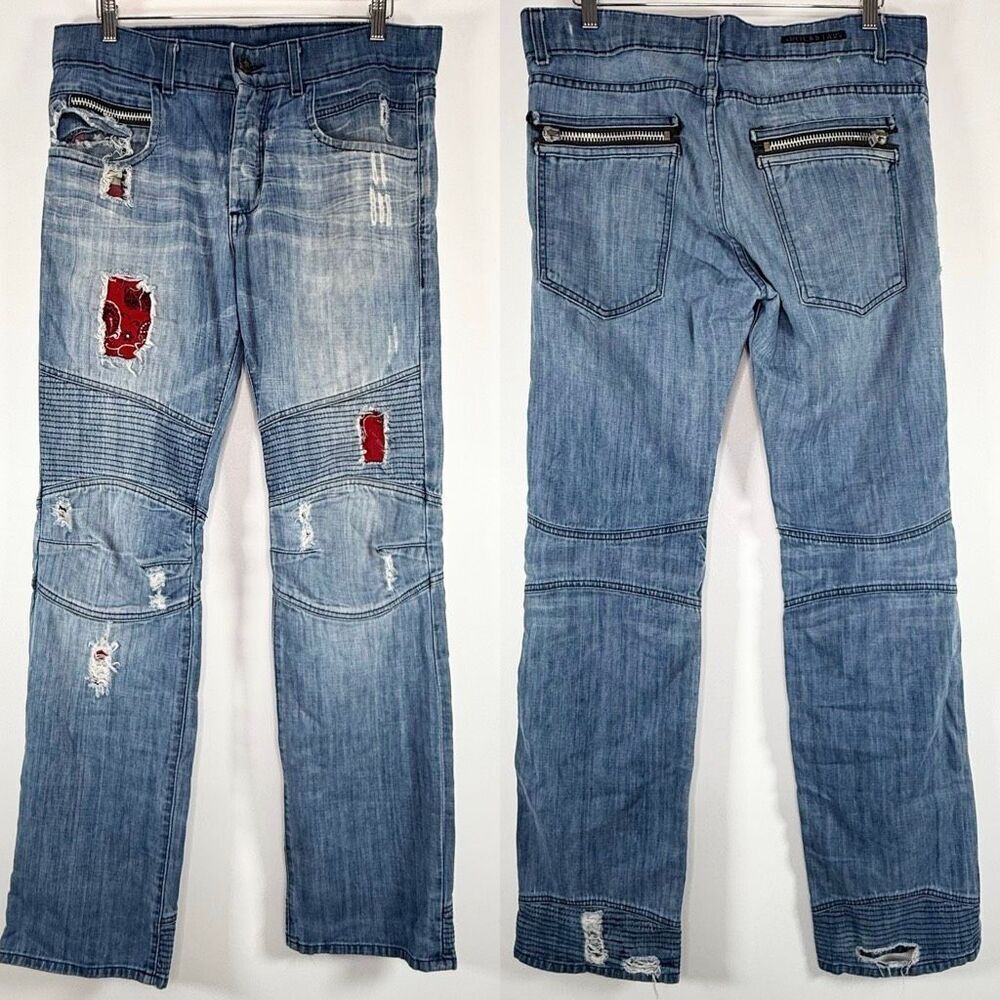 Rockstar Sushi Biker Moto Jeans with Red Bandana Accents Men’s Straight Jeans 33